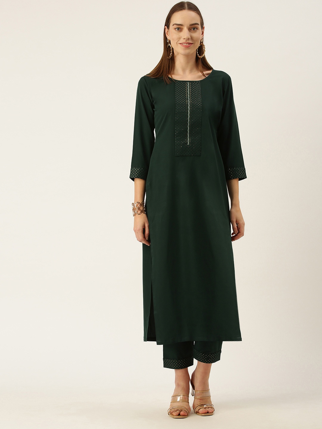 

SheWill Women Green Yoke Design Regular Sequinned Kurta with Palazzos