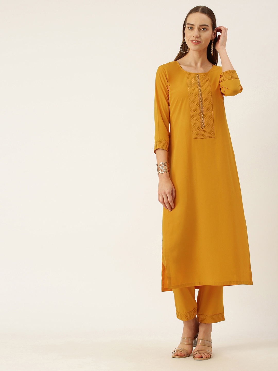 

SheWill Women Yellow Yoke Design Regular Sequinned Kurta with Palazzos