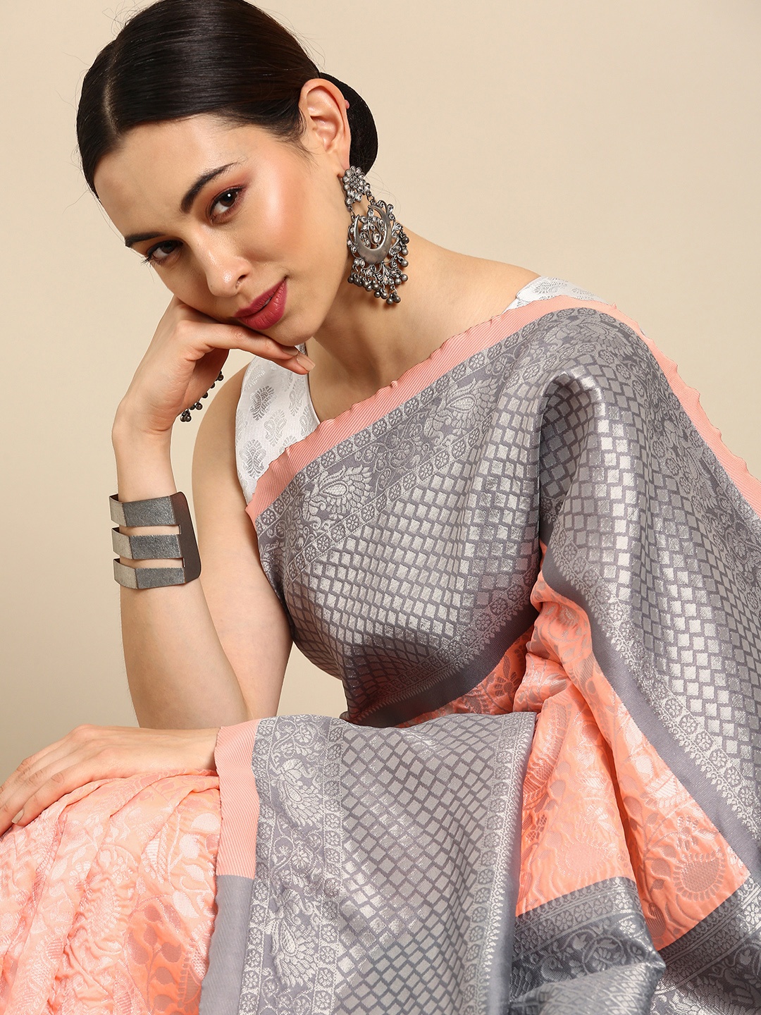 

Anouk Peach-Coloured & Silver-Toned Woven Design Zari Silk Blend Ready to Wear Banarasi Saree