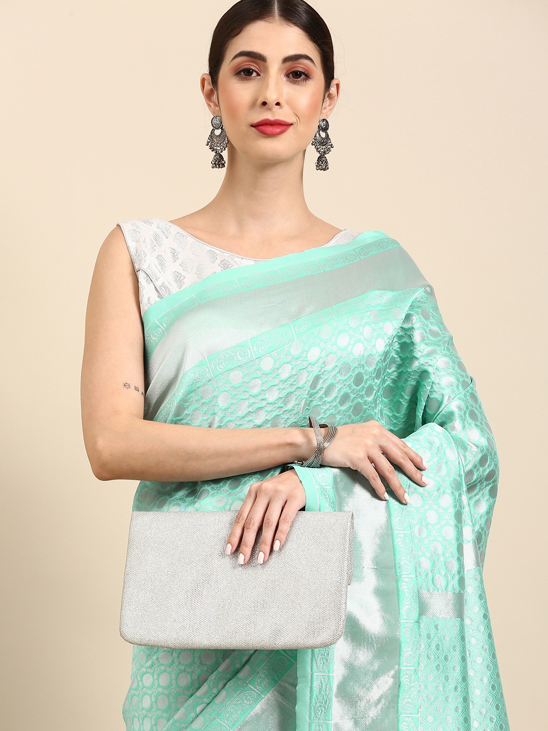 

Anouk Sea Green Woven Design Zari Silk Blend Ready to Wear Banarasi Saree