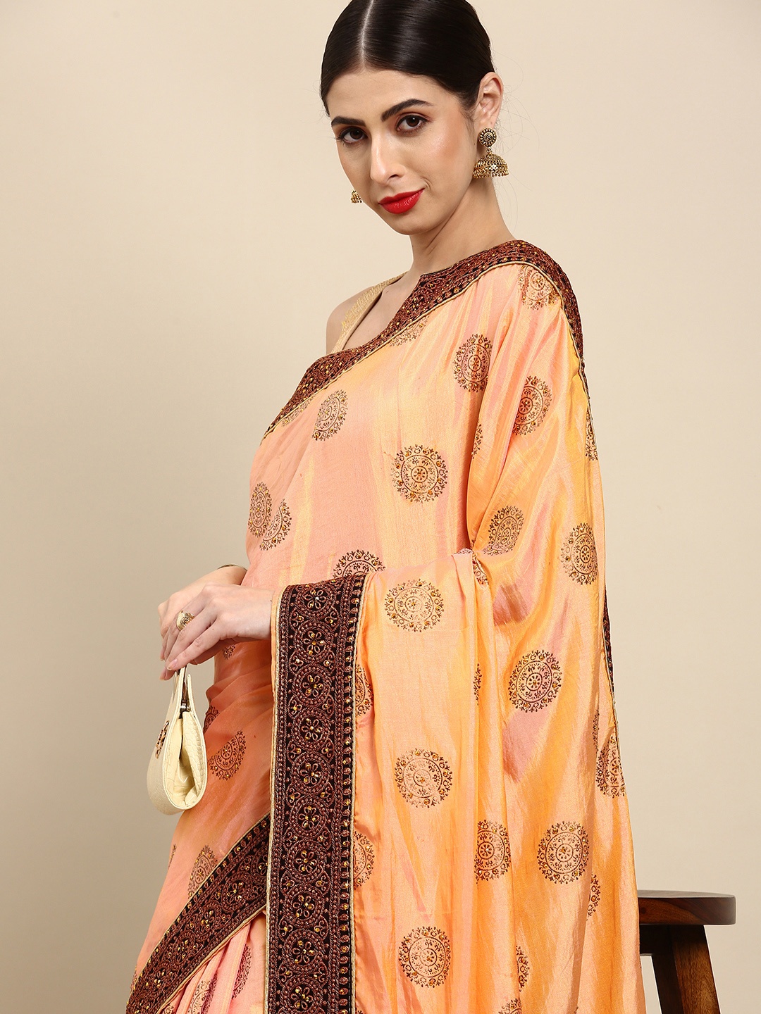 

Anouk Peach-Coloured & Maroon Ethnic Motifs Embellished Pure Silk Saree