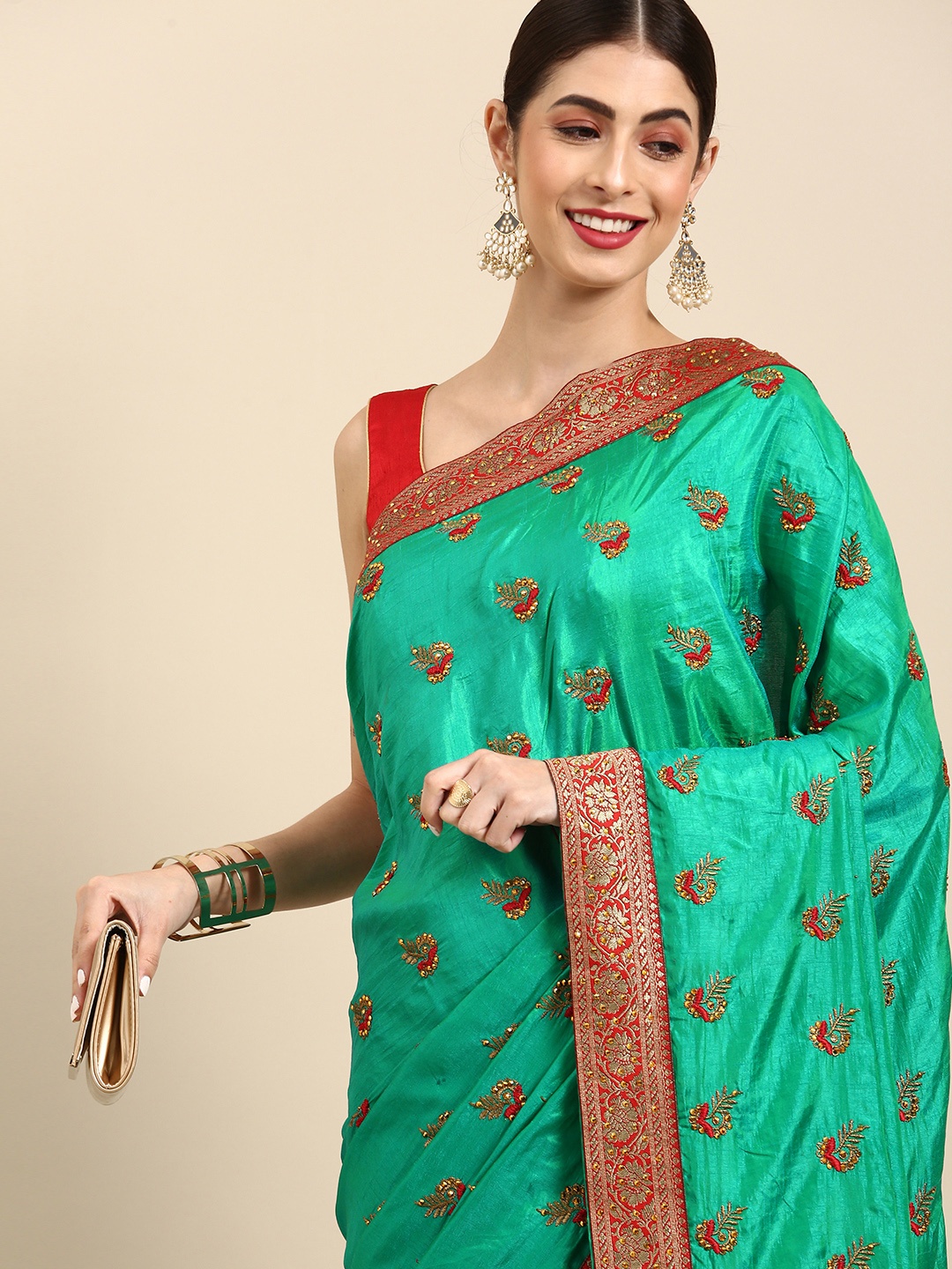 

Anouk Turquoise Blue & Red Ethnic Motifs Embroidered Pure Silk Saree