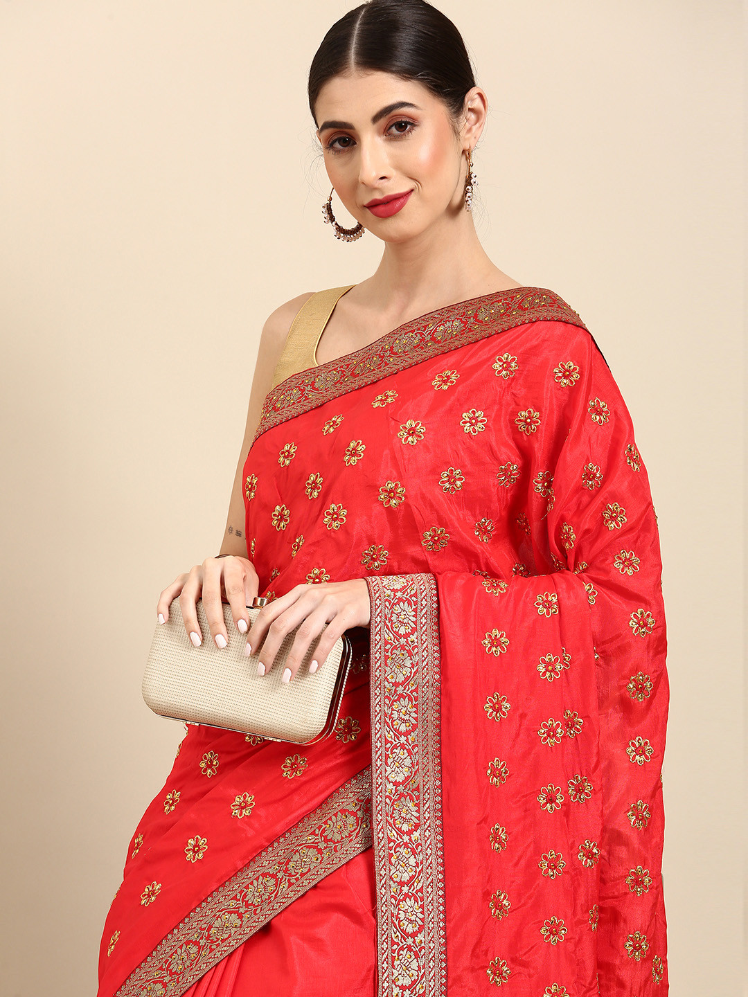 

Anouk Coral Red & Golden Floral Embroidered & Embellished Pure Silk Saree