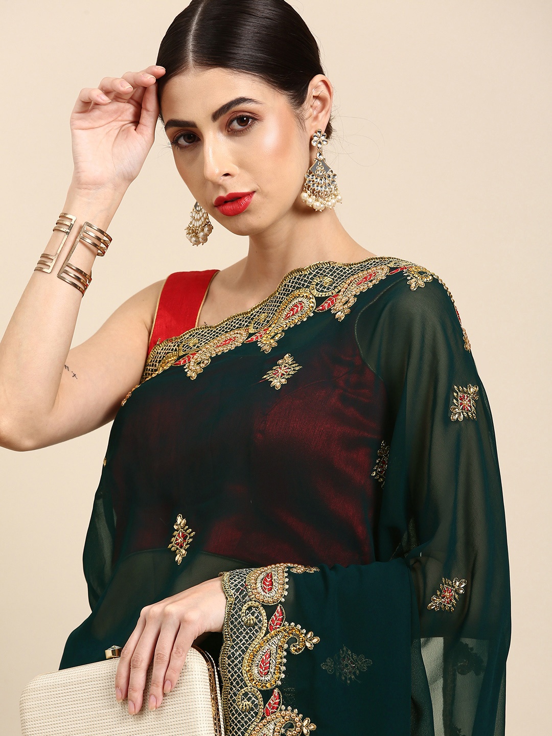 

Anouk Green & Golden Ethnic Motifs Beads and Stones Maheshwari Saree