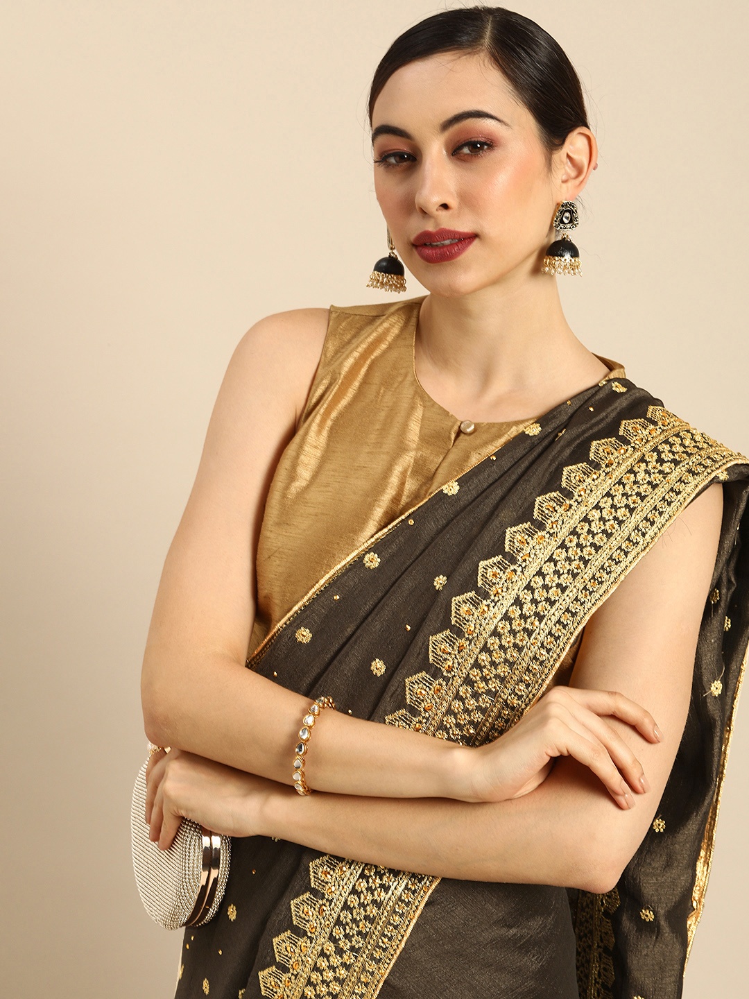 

Anouk Coffee Brown & Gold-Toned Ethnic Motifs Bhagalpuri Saree