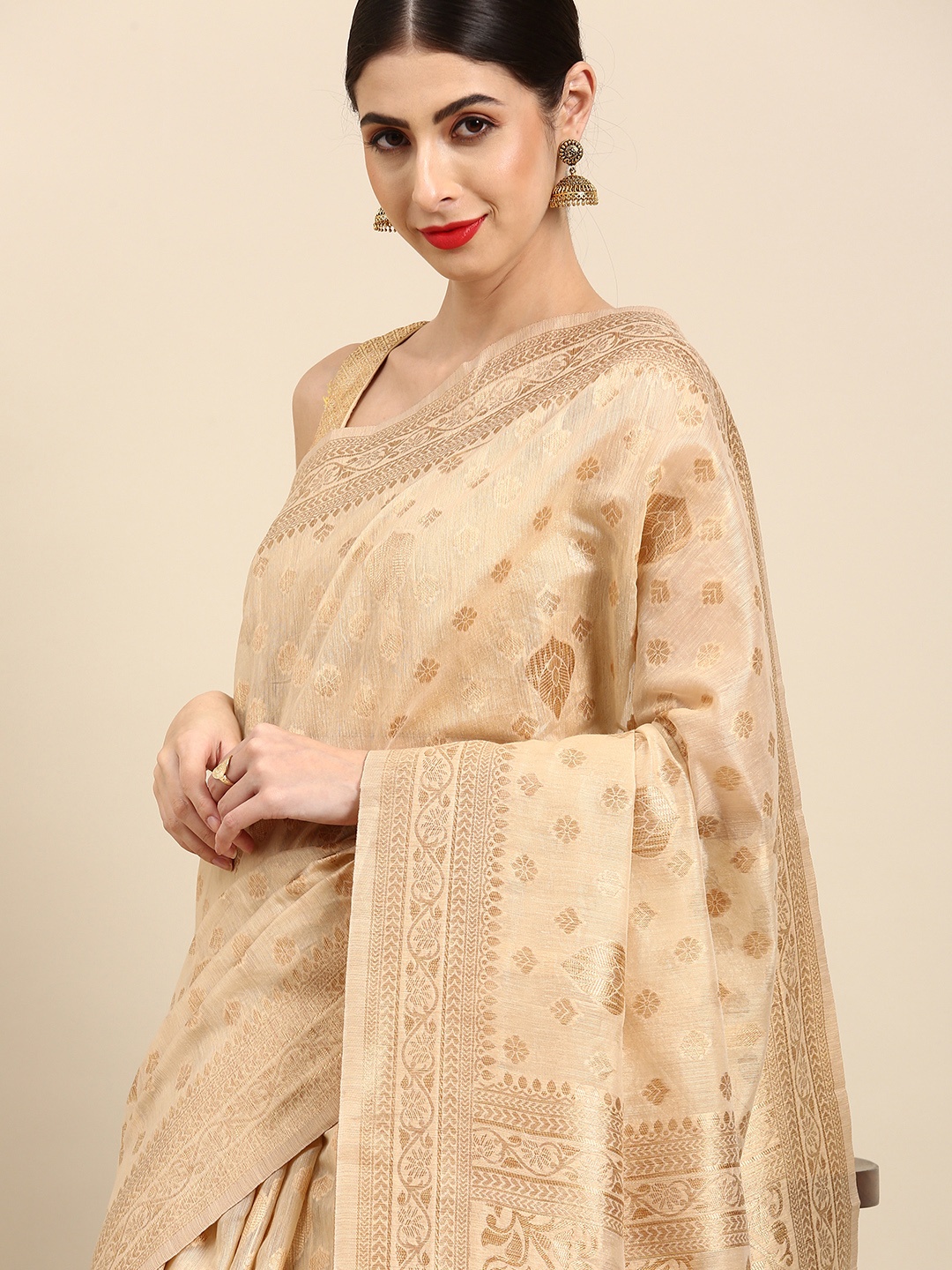 

Anouk Beige Woven Design Jaali Silk Blend Chanderi Saree