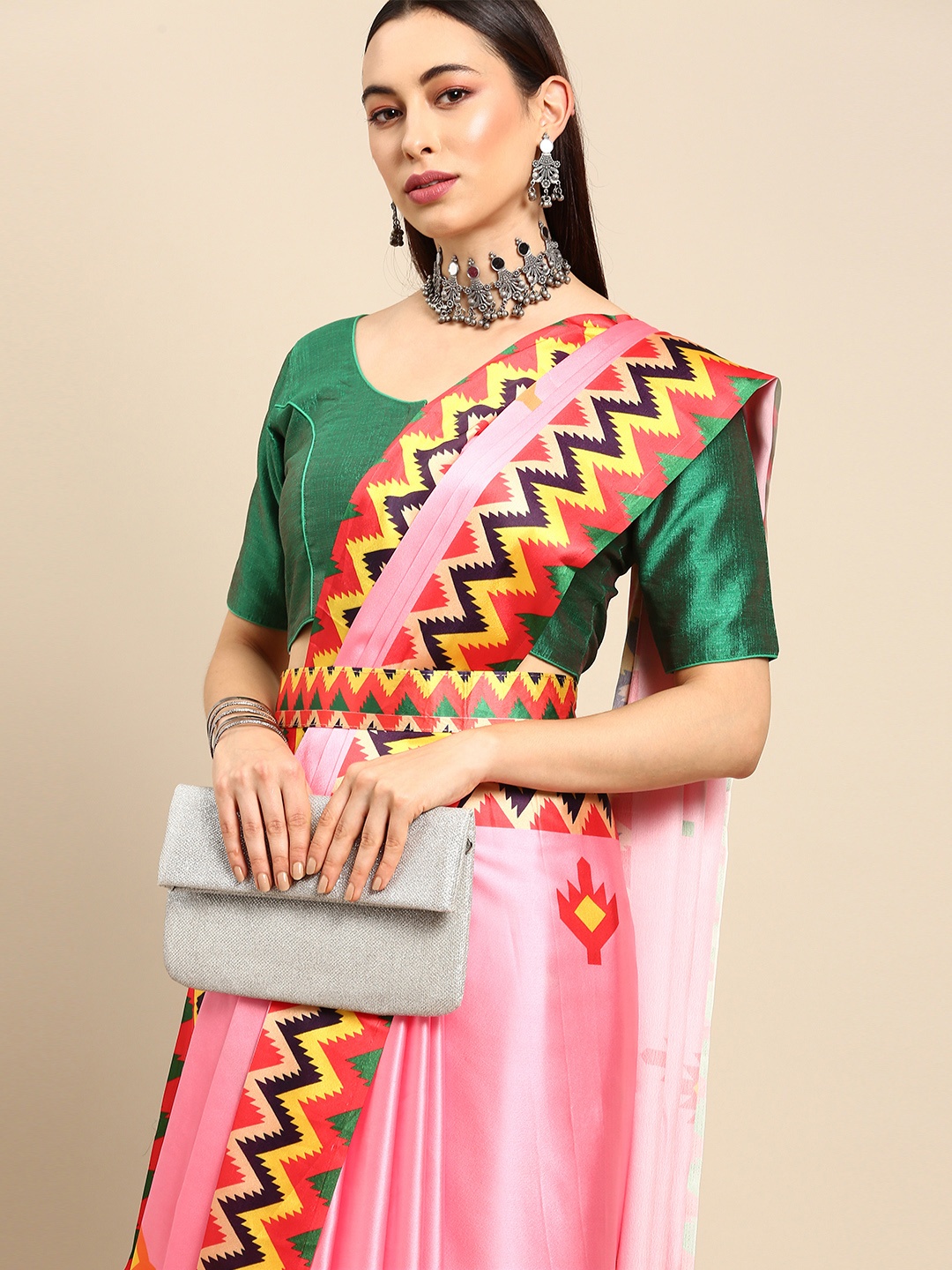 

Anouk Pink & Yellow Jaali Ready to Wear Ikat Saree