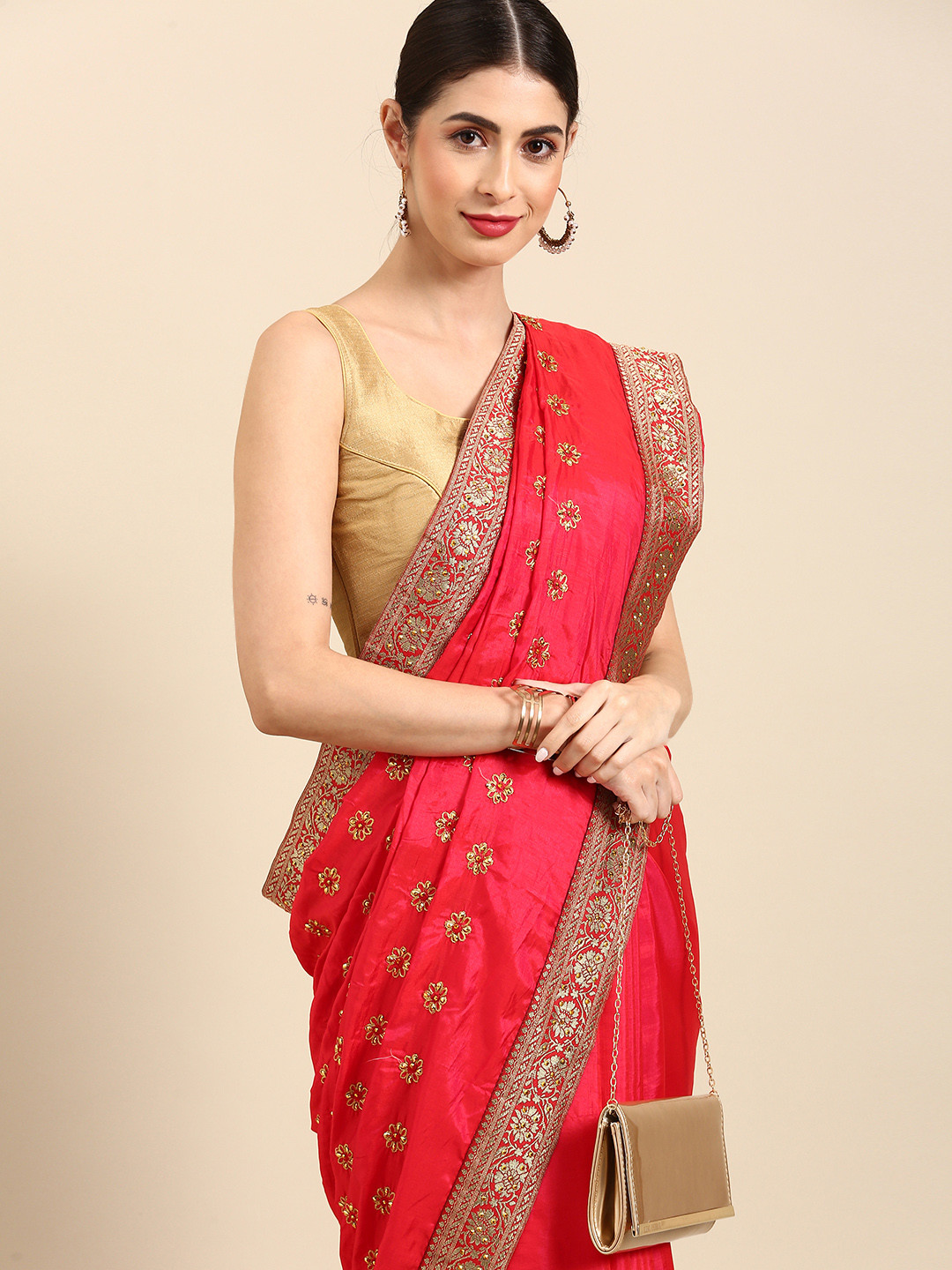 

Anouk Coral Pink & Golden Floral Embroidered & Embellished Pure Silk Saree