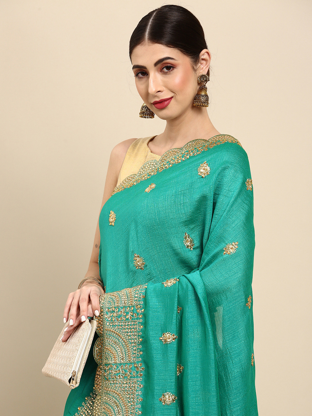 

Anouk Sea Green & Golden Woven Design Beads and Stones Pure Silk Maheshwari Saree