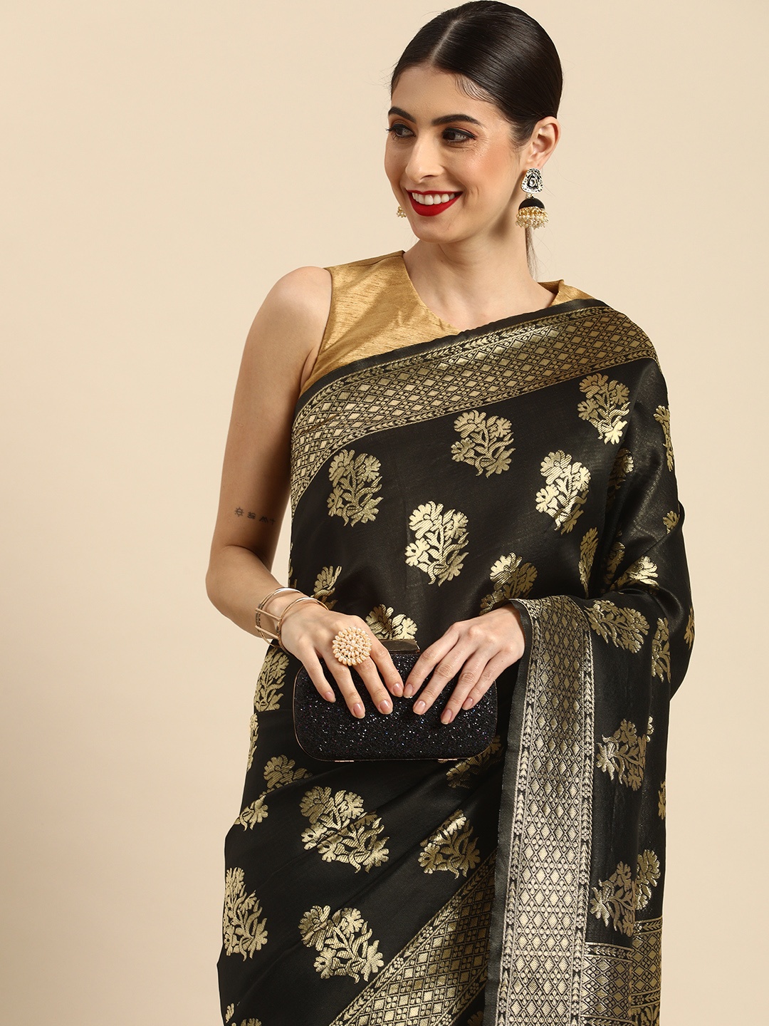 

Anouk Black & Gold-Toned Woven Design Zari Silk Blend Banarasi Saree