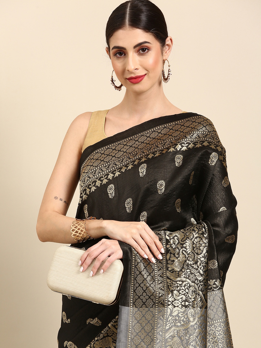 

Anouk Black & Grey Woven Design Zari Silk Blend Banarasi Saree