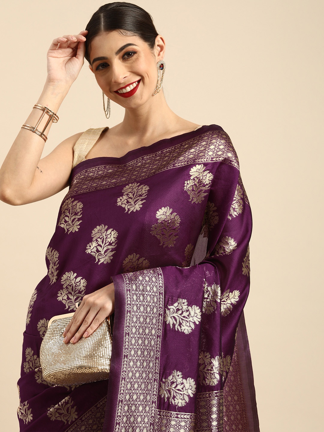 

Anouk Aubergine & Golden Floral Woven Design Banarasi Saree, Purple