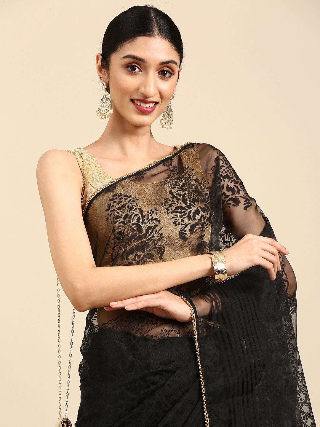 

Anouk Black & Gold-Toned Gotta Patti Organza Chanderi Saree