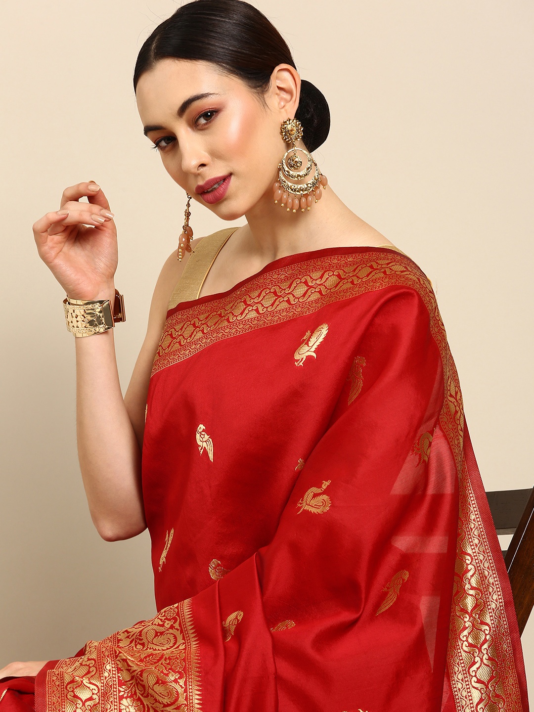 

Anouk Maroon Woven Design Zari Silk Blend Kanjeevaram Saree