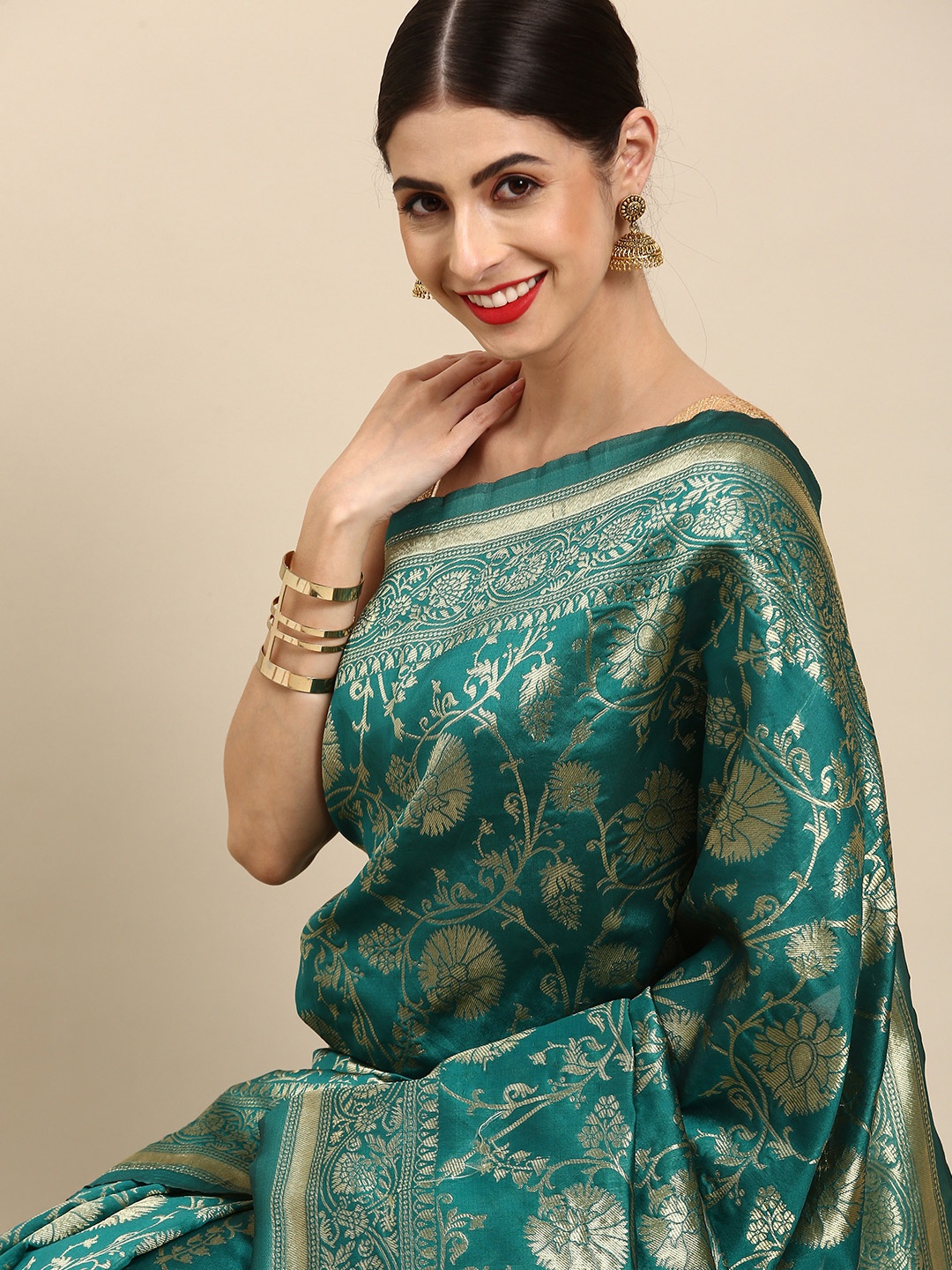 

Anouk Turquoise Blue Woven Design Zari Silk Blend Banarasi Saree