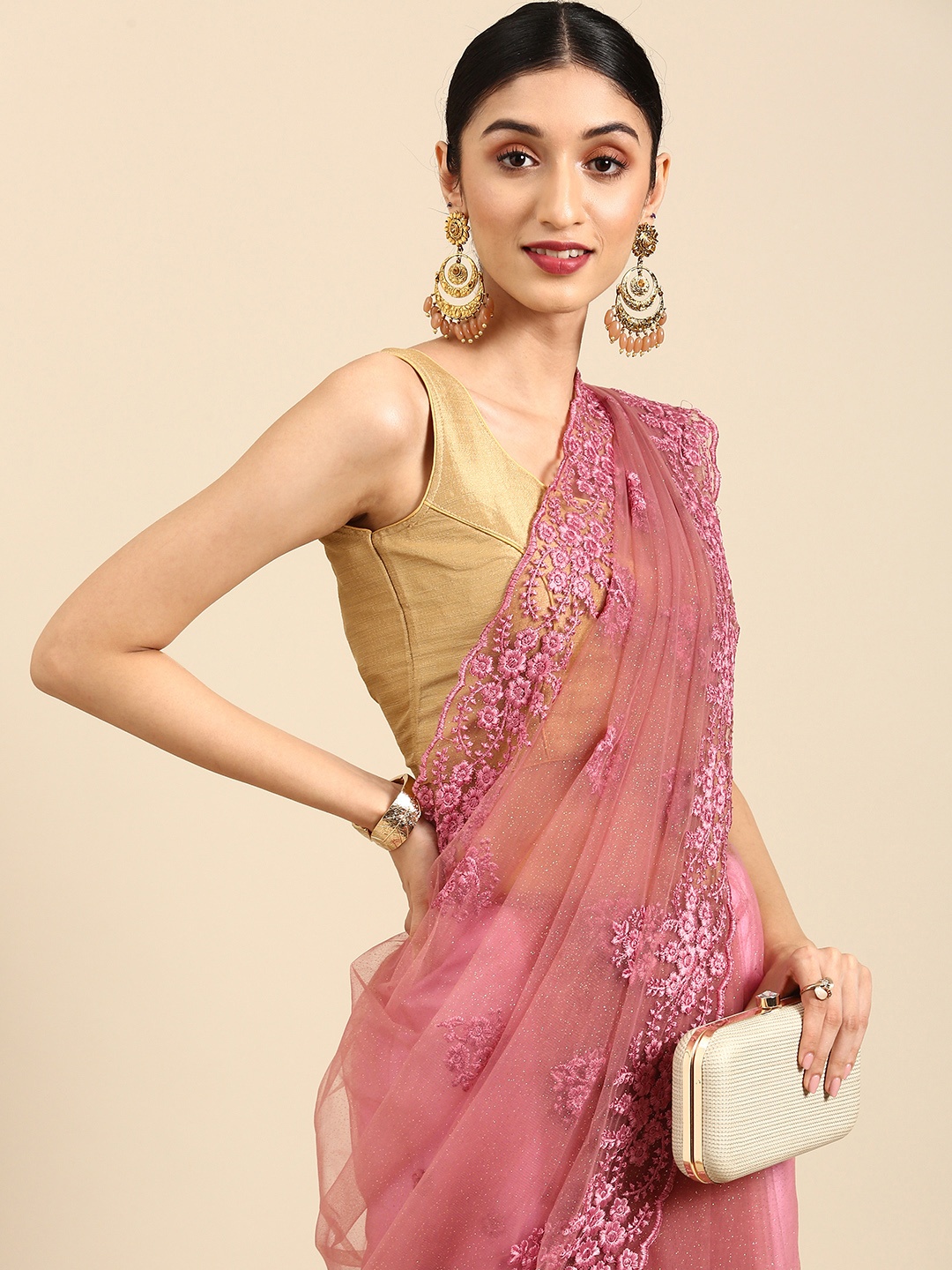 

Anouk Pink Embellished Embroidered Net Saree