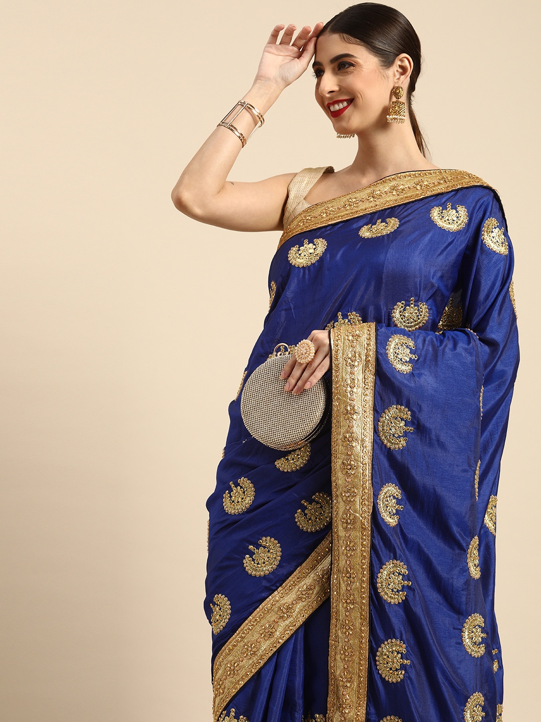 

Anouk Blue & Golden Embroidered Pure Silk Maheshwari Saree