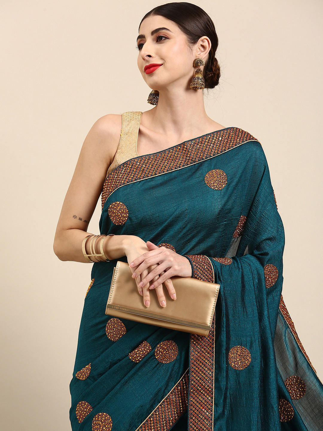 

Anouk Teal Blue & Golden Embellished Beads and Stones Pure Silk Baluchari Saree