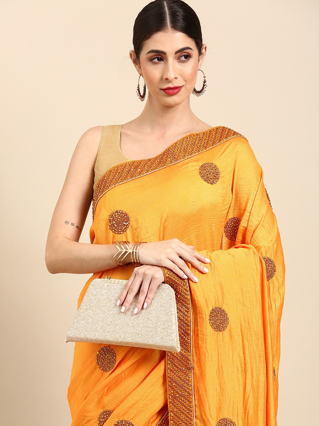 

Anouk Mustard Yellow & Golden Beads and Stones Pure Silk Baluchari Saree