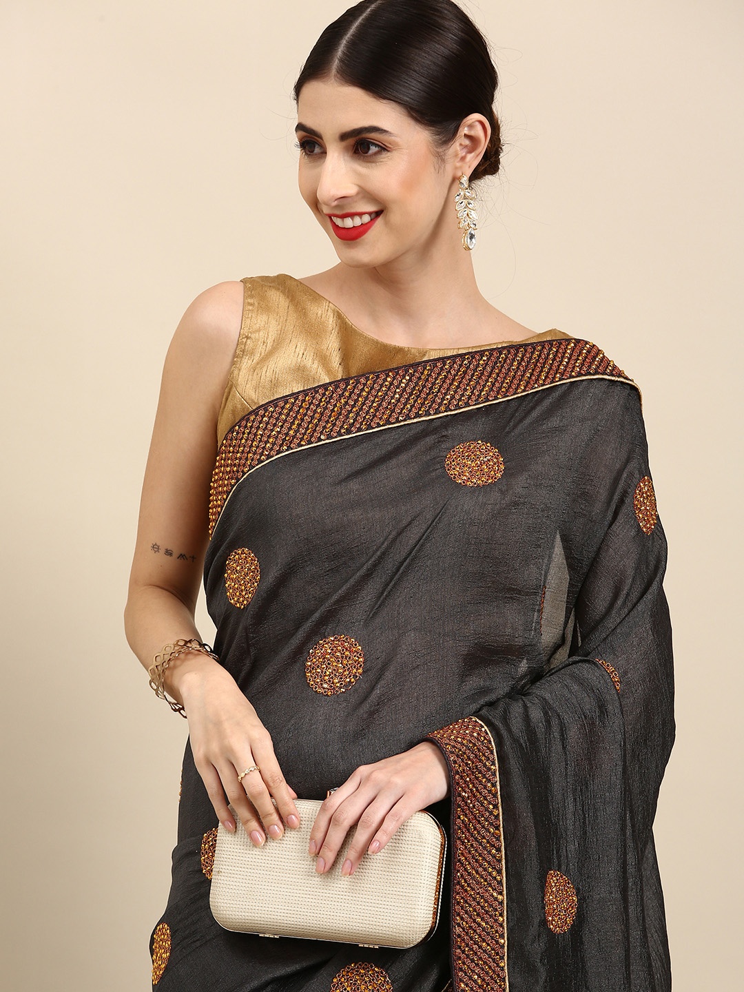 

Anouk Charcoal Grey & Brown Ethnic Motifs Embroidered Pure Silk Saree