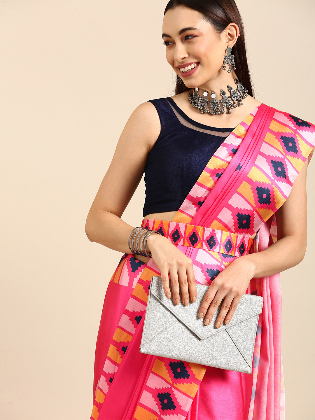 

Anouk Pink & Yellow Ikat Saree, Fuchsia