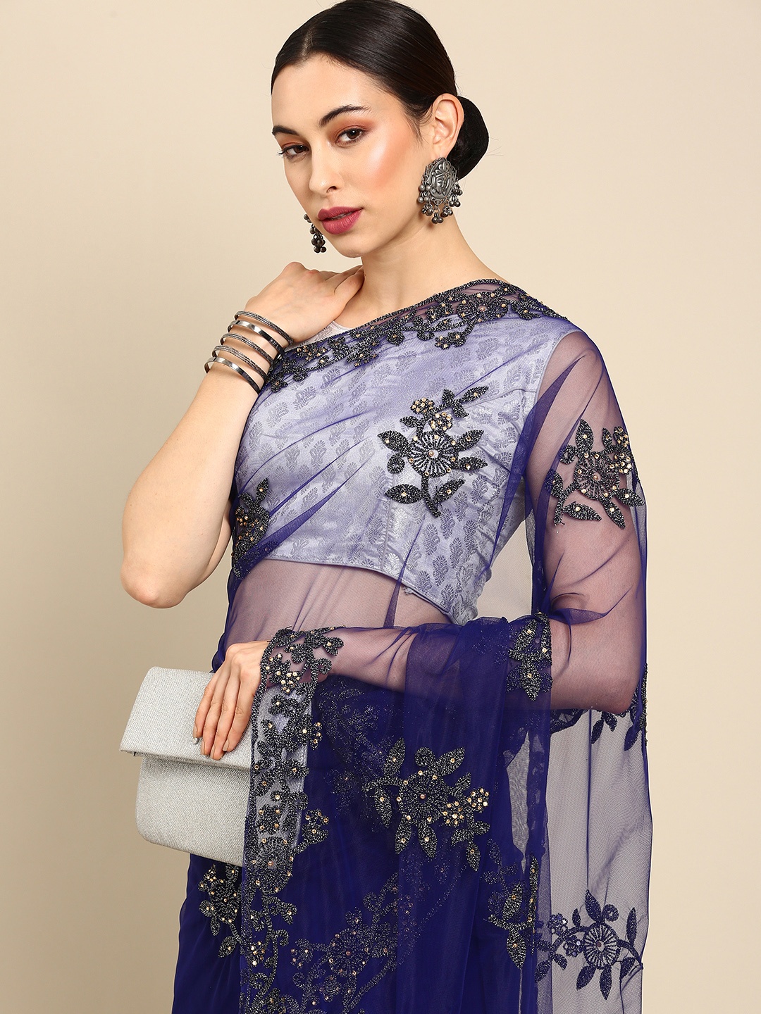 

Anouk Blue & Grey Embellished Net Saree