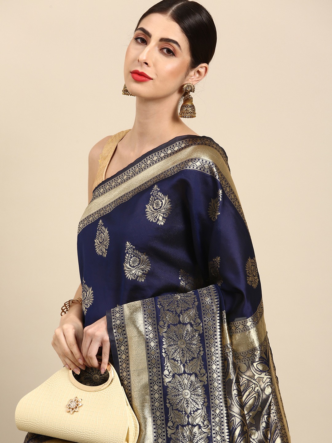 

Anouk Navy Blue & Golden Woven Design Zari Silk Blend Banarasi Saree