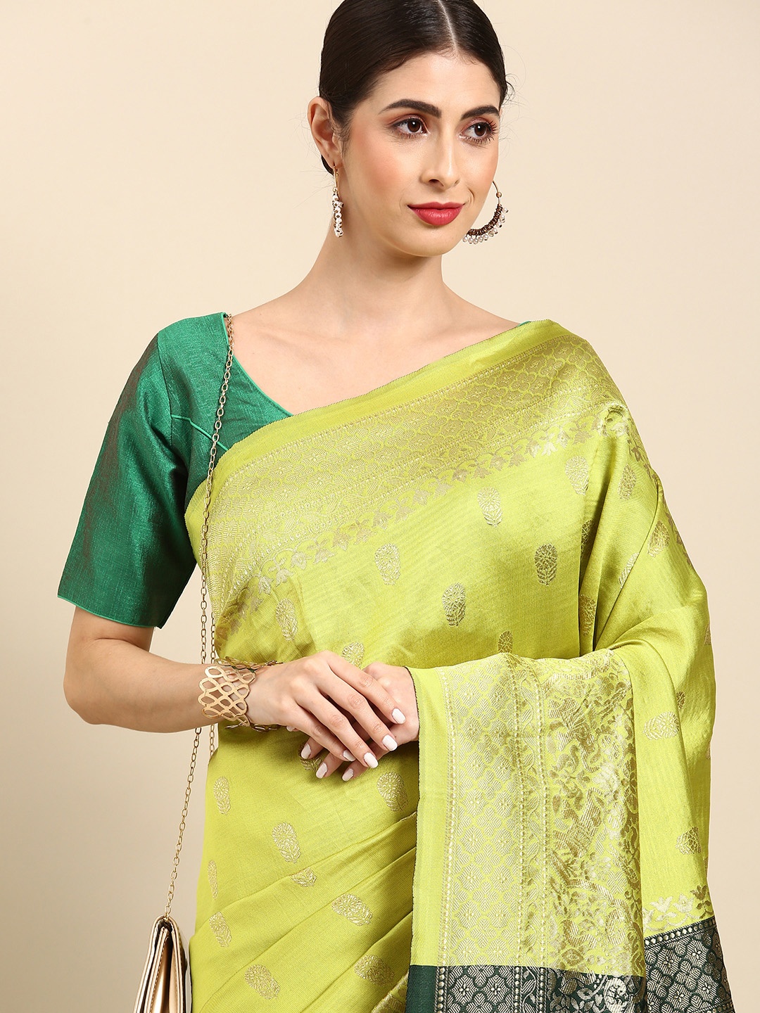 

Anouk Olive Green & Green Woven Design Zari Silk Blend Ready to Wear Banarasi Saree