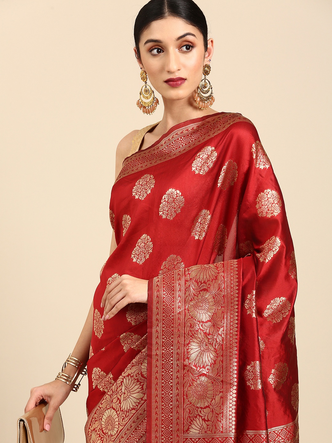 

Anouk Maroon & Gold-Toned Woven Design Zari Silk Blend Banarasi Saree