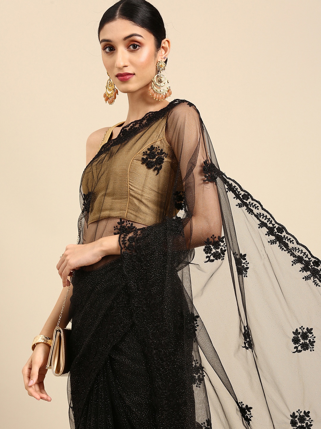 

Anouk Black Embellished Embroidered Net Ready to Wear Saree