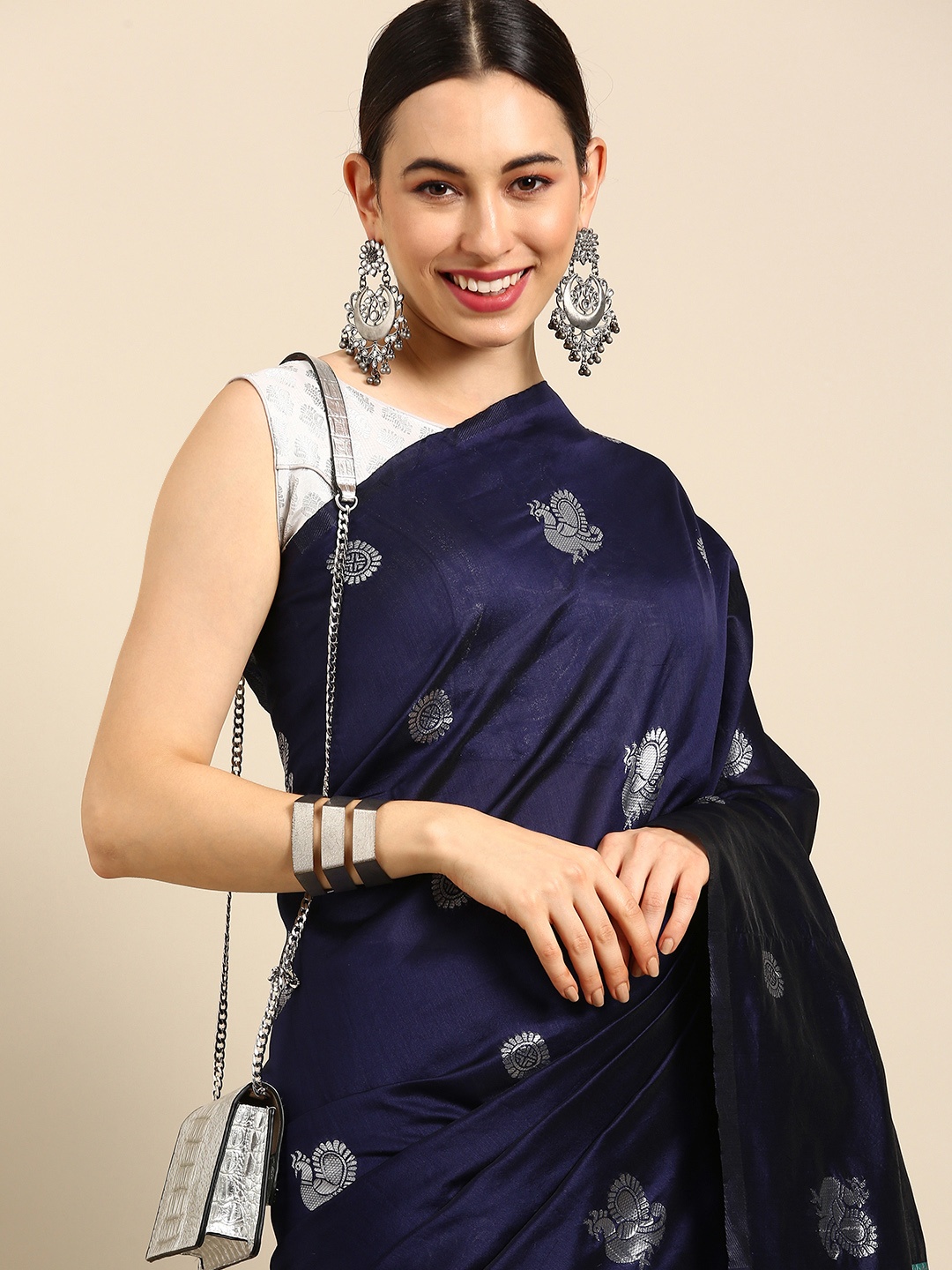 

Anouk Navy Blue & Sea Green Woven Design Zari Silk Blend Maheshwari Saree