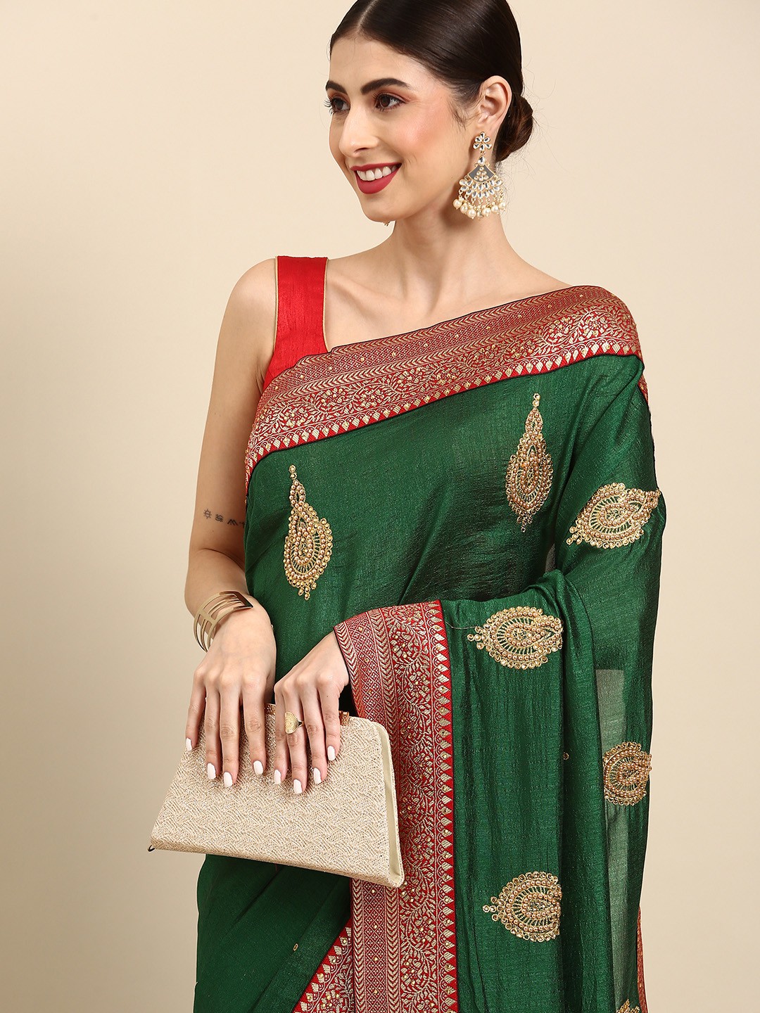 

Anouk Green & Golden Woven Design Art Silk Tussar Saree