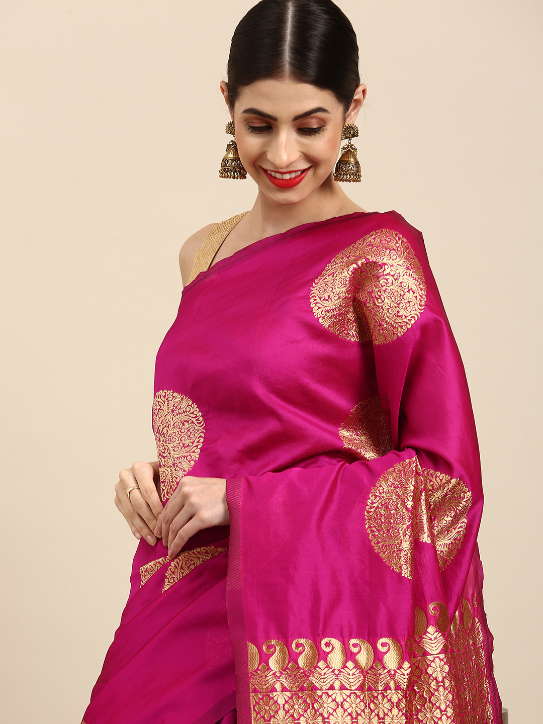

Anouk Pink & Golden Woven Design Zari Silk Blend Baluchari Saree