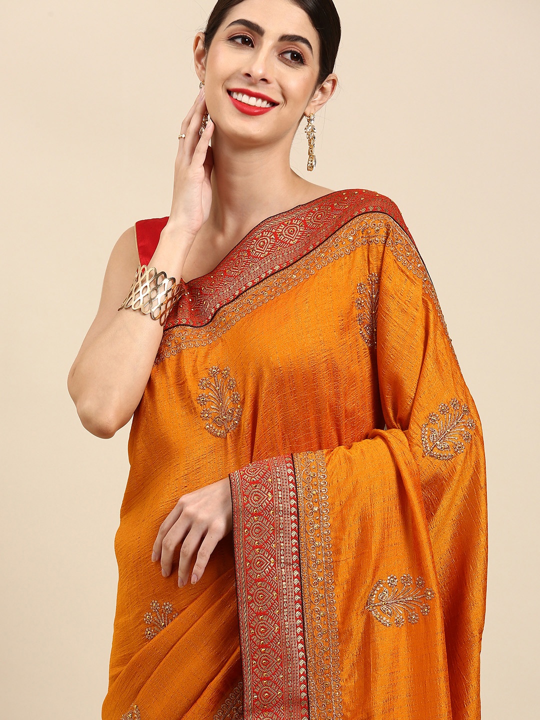 

Anouk Mustard Embellished Beads and Stones Silk Blend Ready to Wear Kota Saree