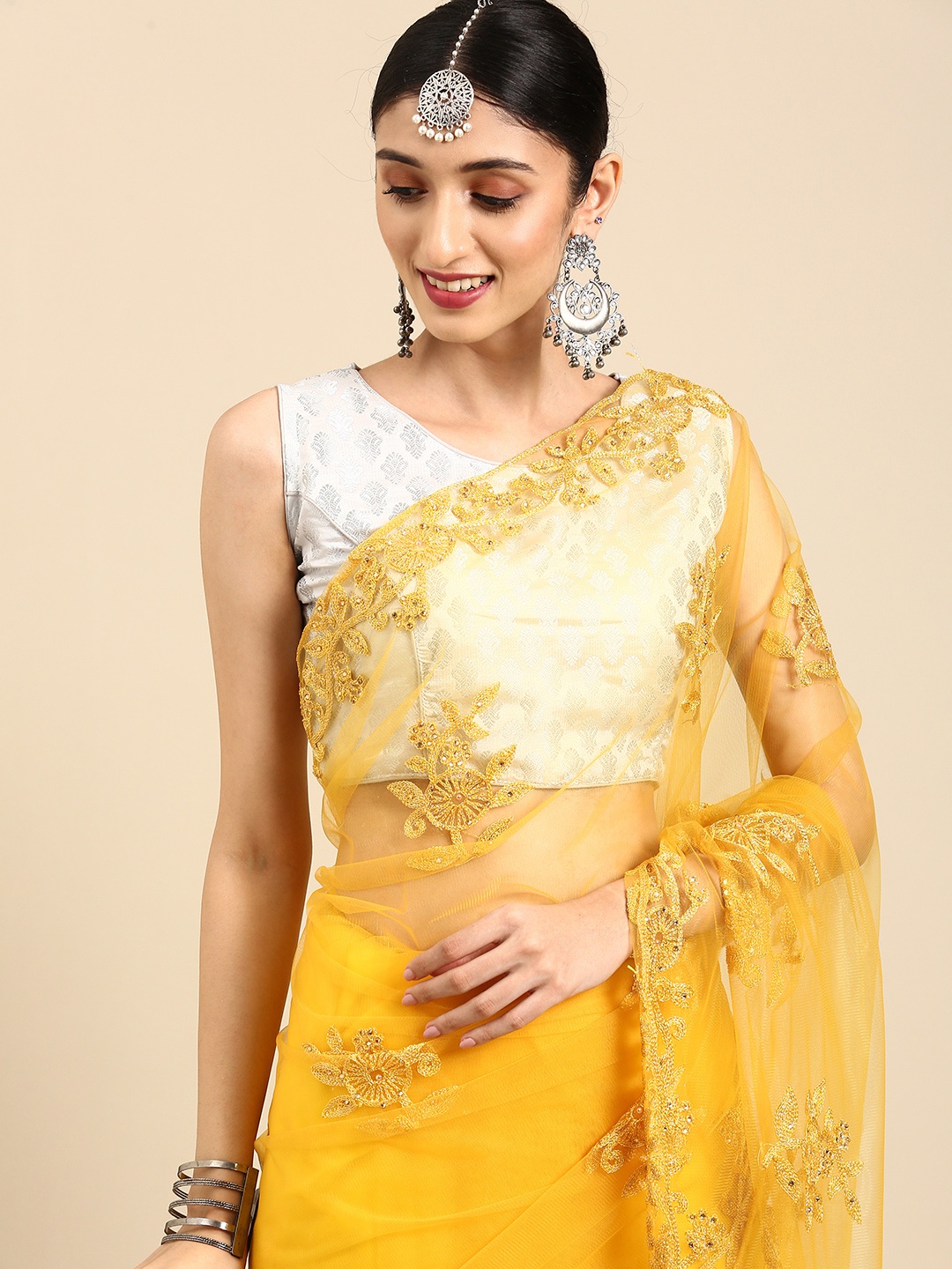 

Anouk Yellow Embellished Beads and Stones Net Ready to Wear Saree