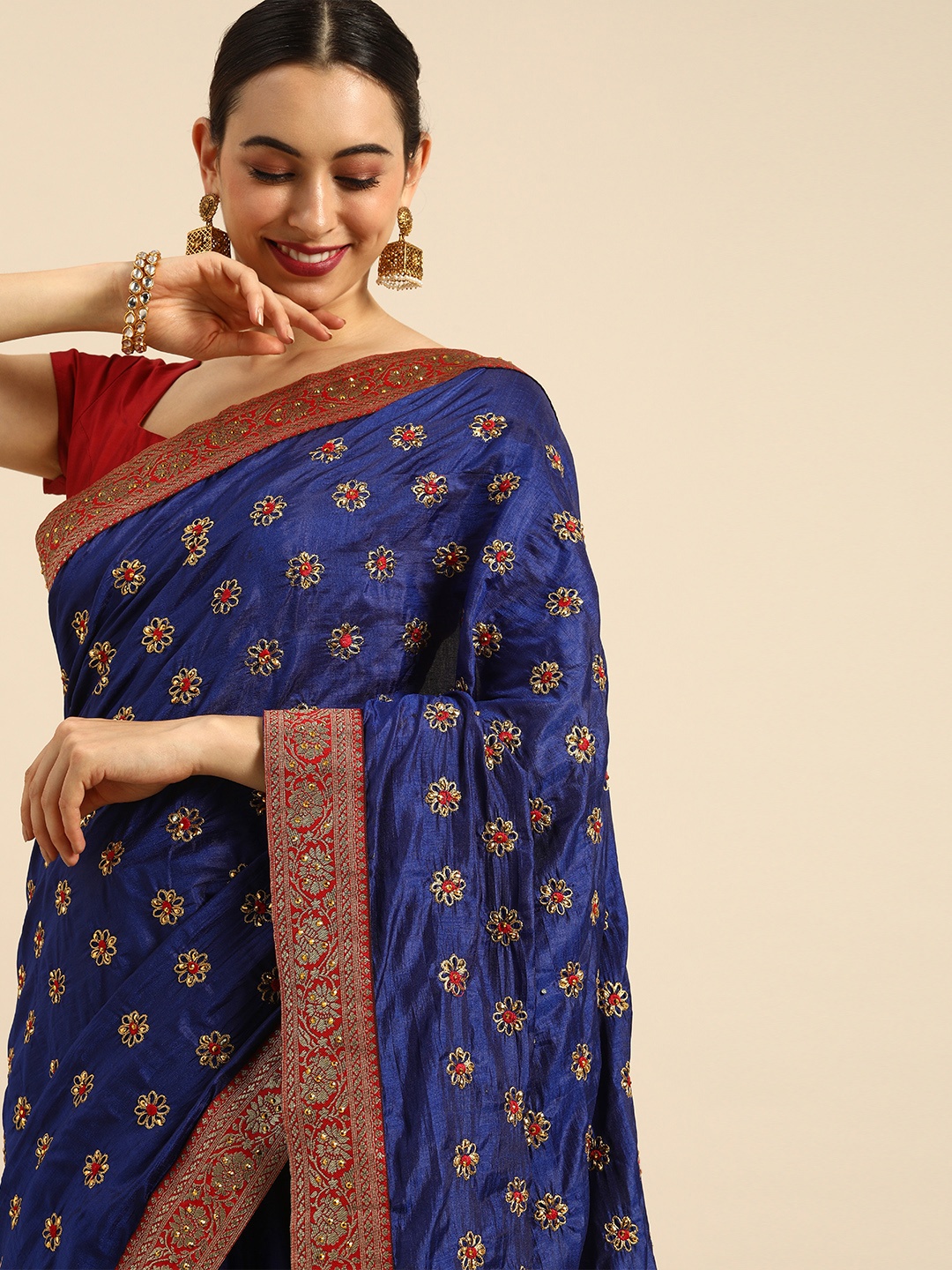 

Anouk Blue & Red Woven Design Beads and Stones Pure Silk Ready to Wear Maheshwari Saree