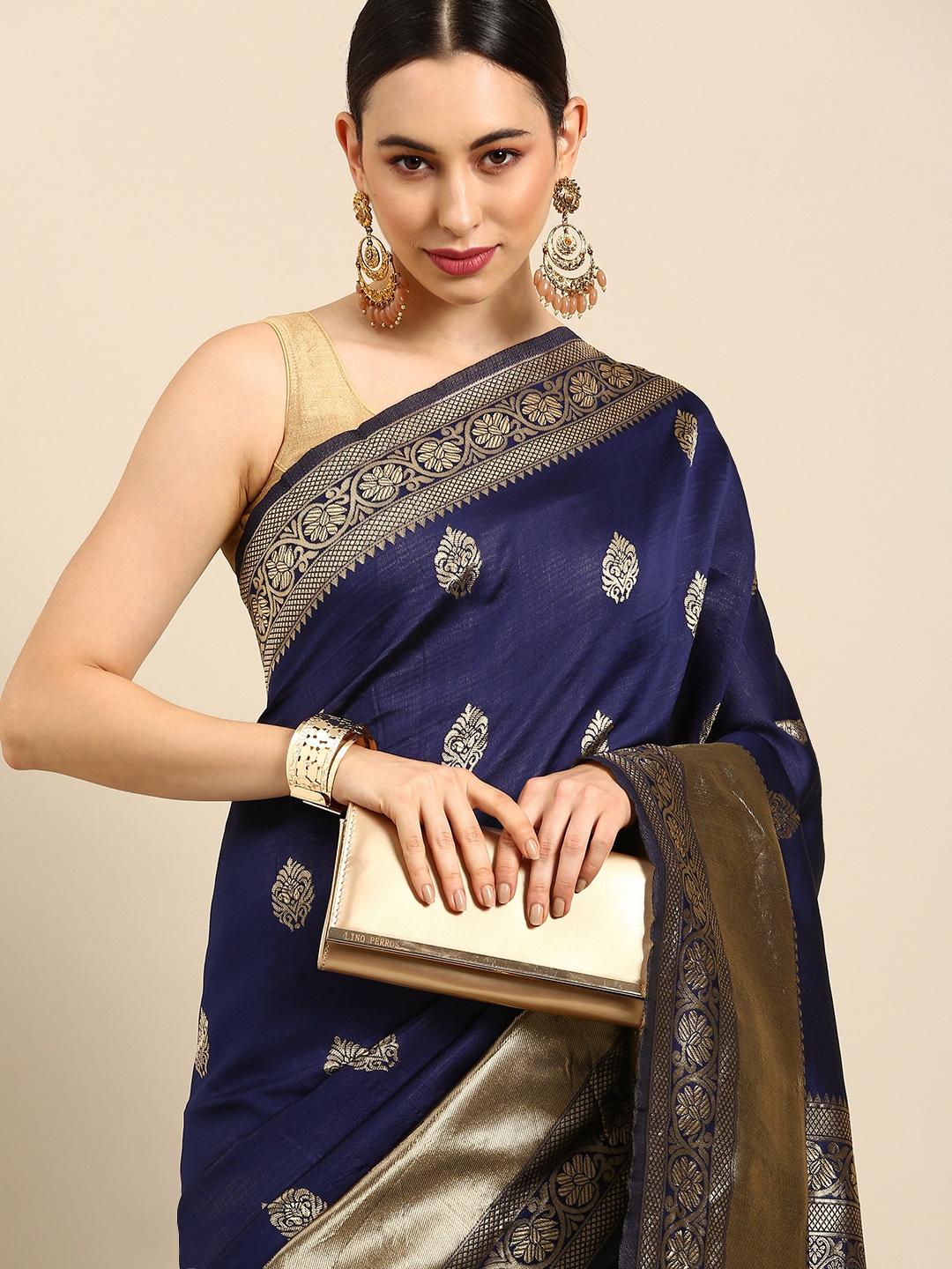 

Anouk Navy Blue Woven Design Zari Silk Blend Banarasi Saree