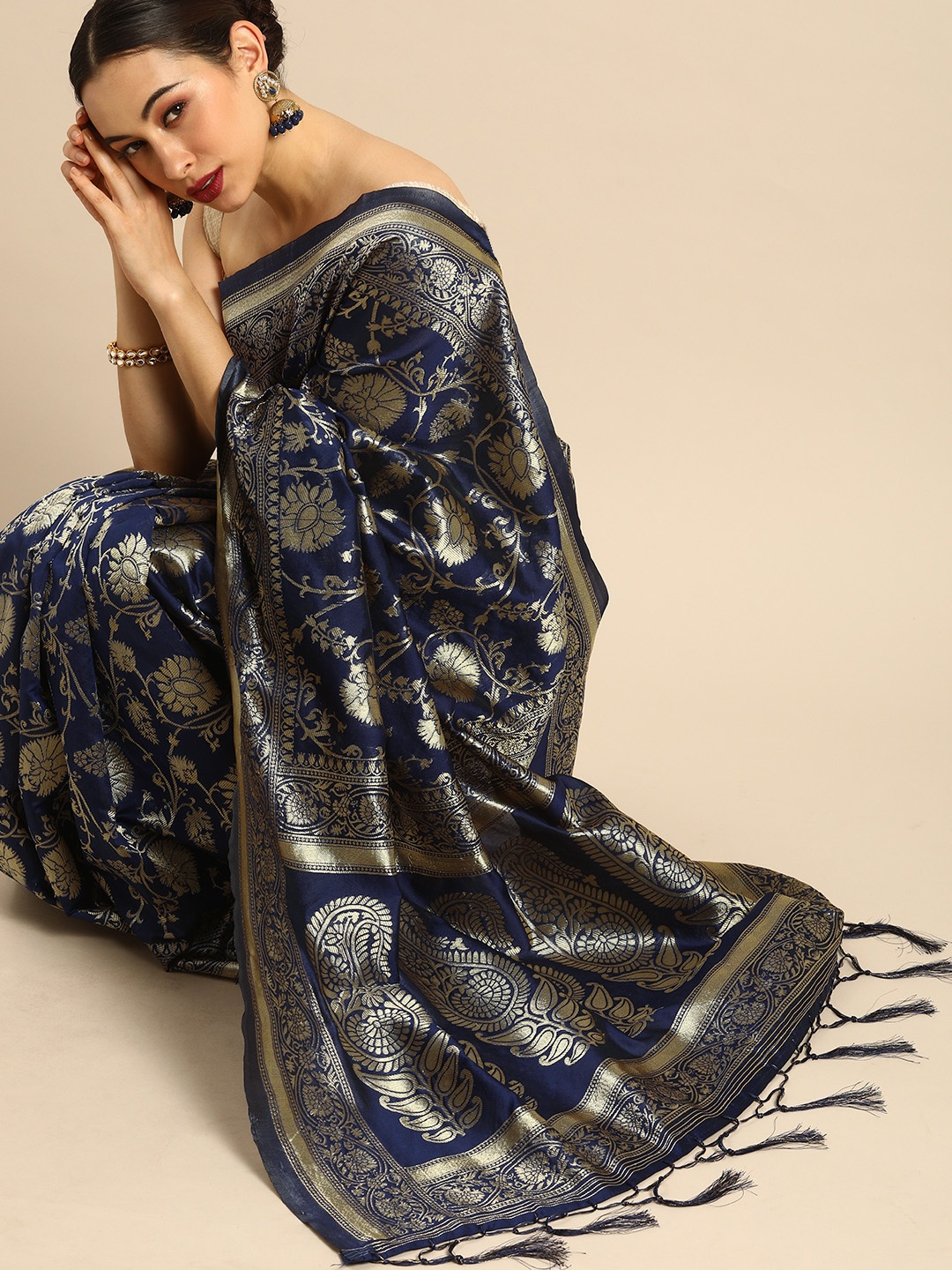 

Anouk Navy Blue Woven Design Zari Silk Blend Banarasi Saree