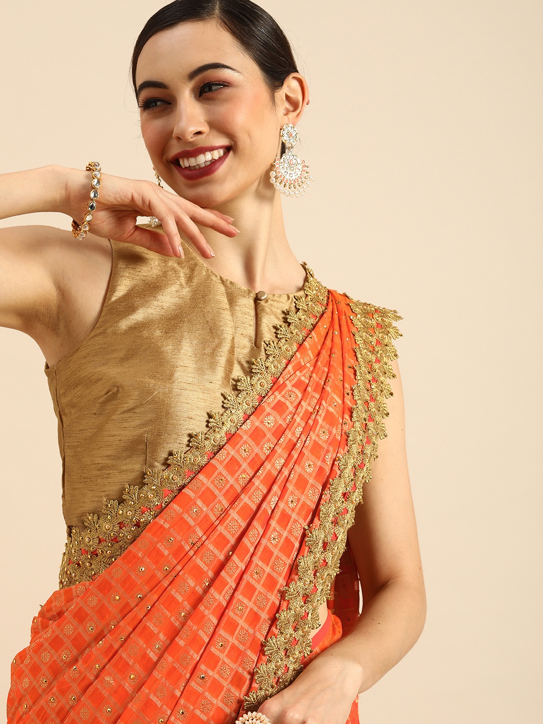 

Anouk Orange & Gold-Toned Checked Beads and Stones Bhagalpuri Saree