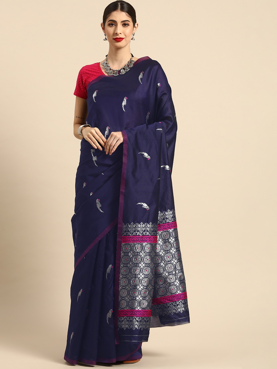 

Anouk Navy Blue & Silver Parrot Woven Design Maheshwari Saree