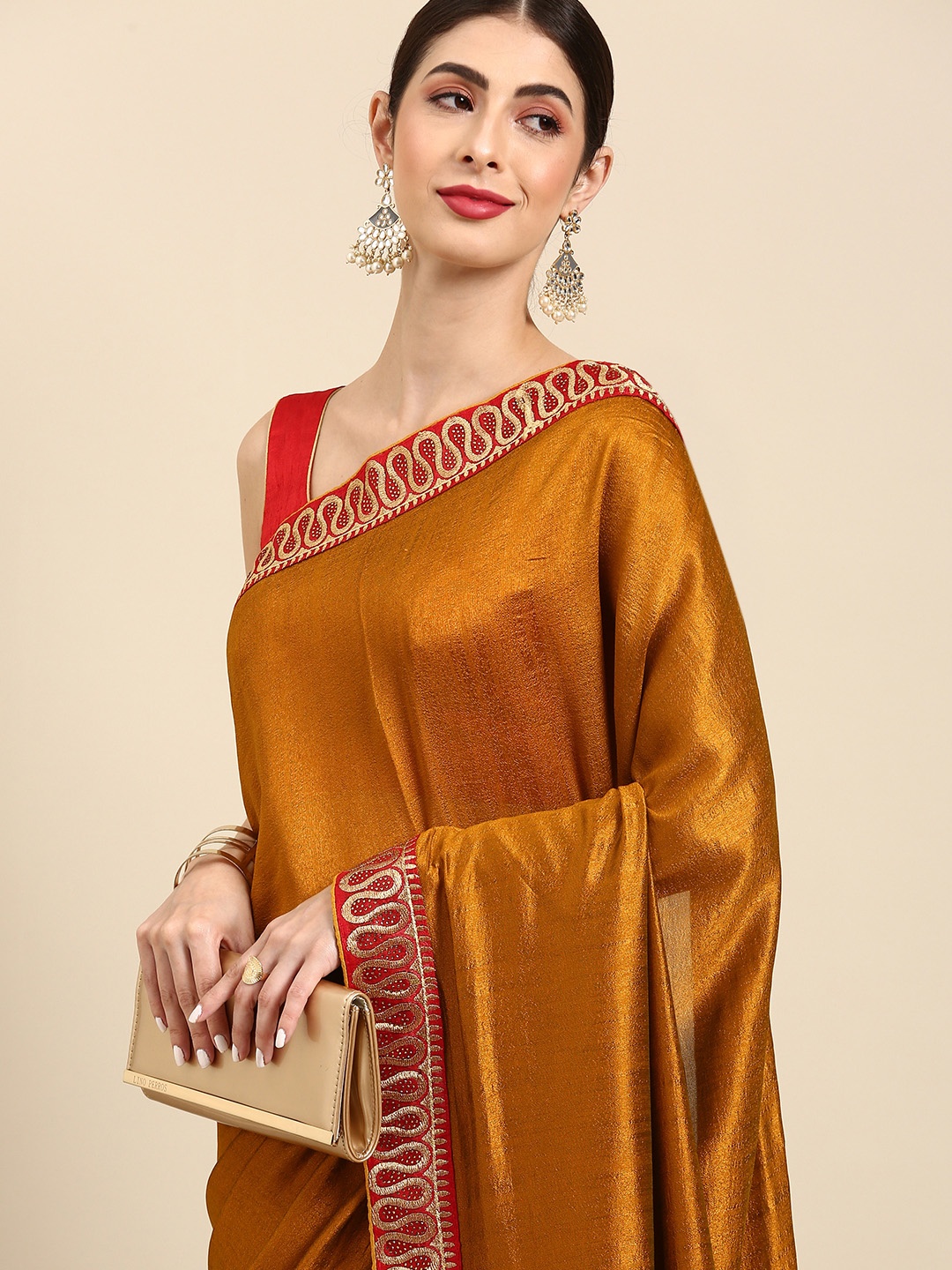

Anouk Mustard Yellow & Golden Embellished Beads and Stones Silk Blend Maheshwari Saree