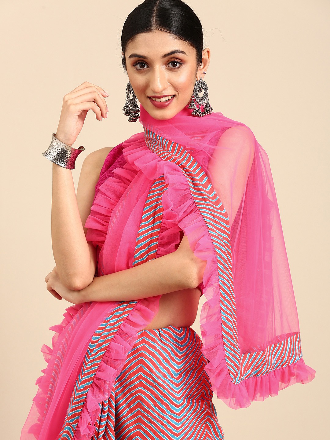 

Anouk Pink Leheriya Pure Cotton Leheriya Saree