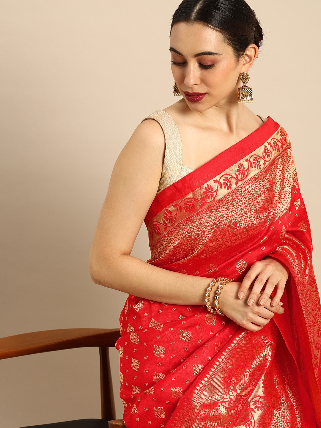 

Anouk Red Woven Design Zari Silk Blend Ready to Wear Banarasi Saree