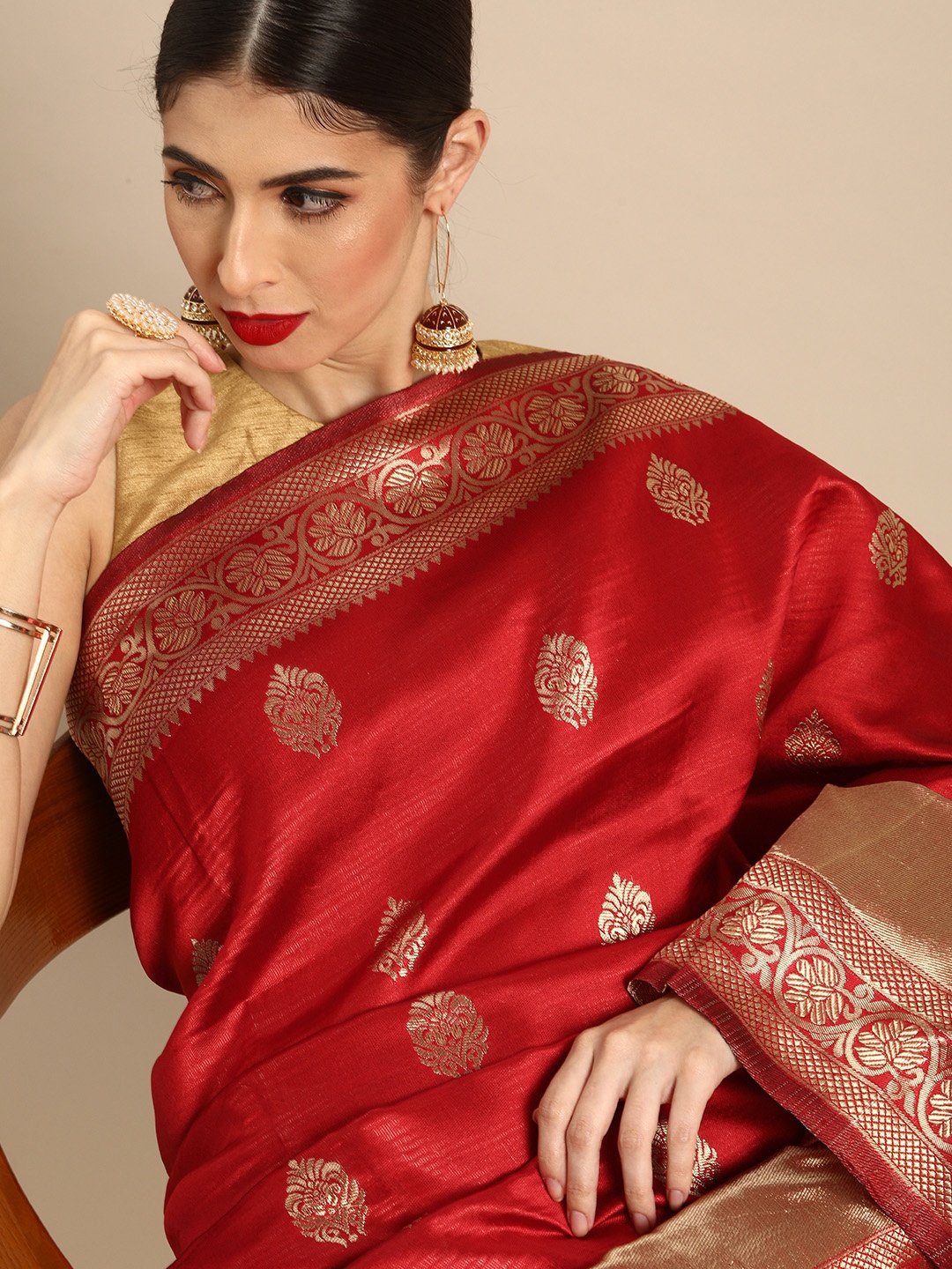 

Anouk Maroon Woven Design Zari Silk Blend Banarasi Saree