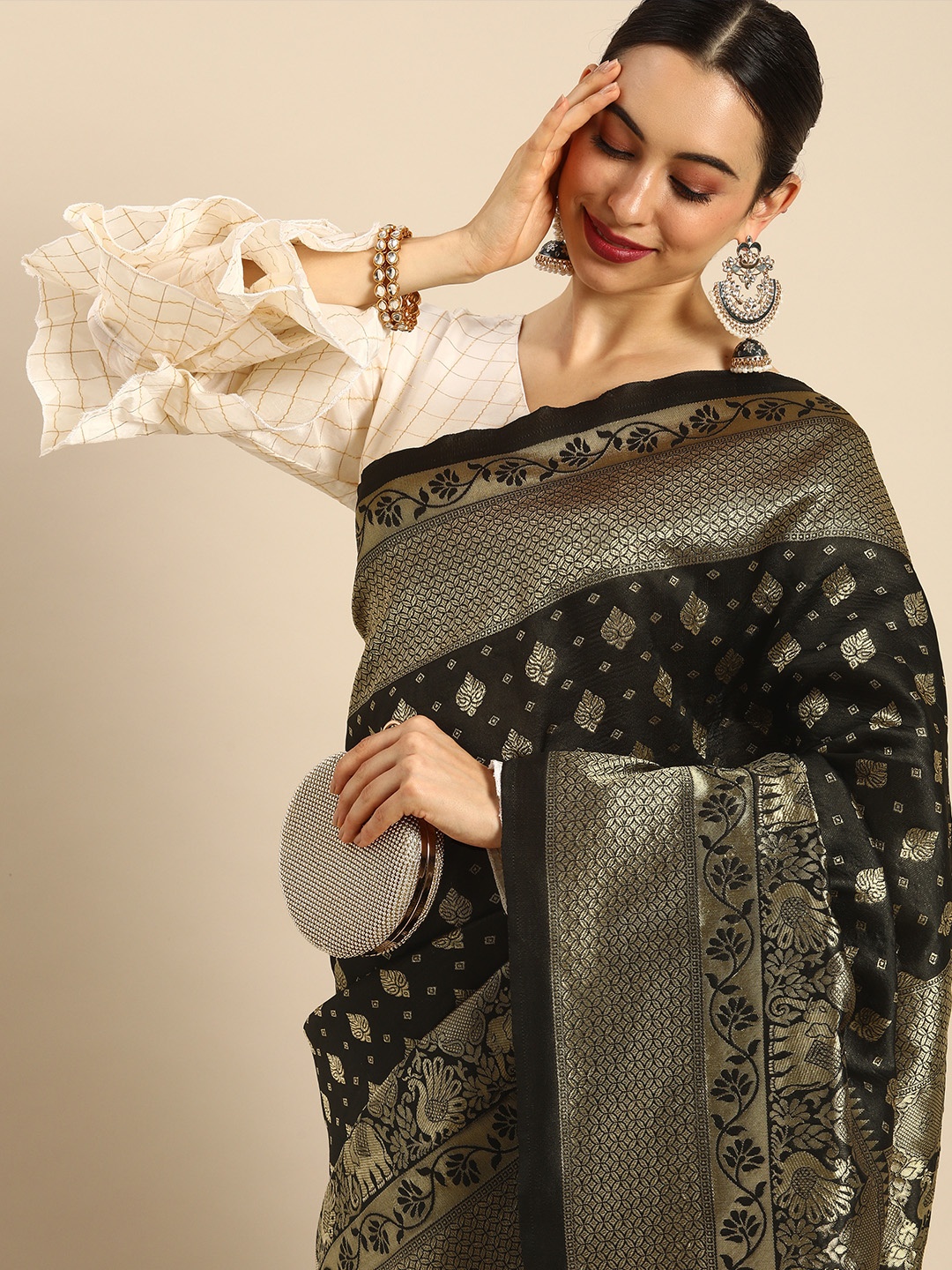 

Anouk Black Woven Design Zari Silk Blend Ready to Wear Banarasi Saree