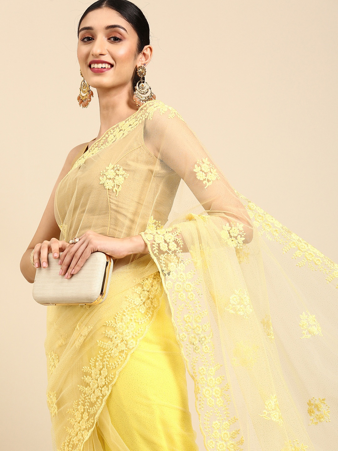 

Anouk Yellow Embellished Embroidered Net Ready to Wear Saree