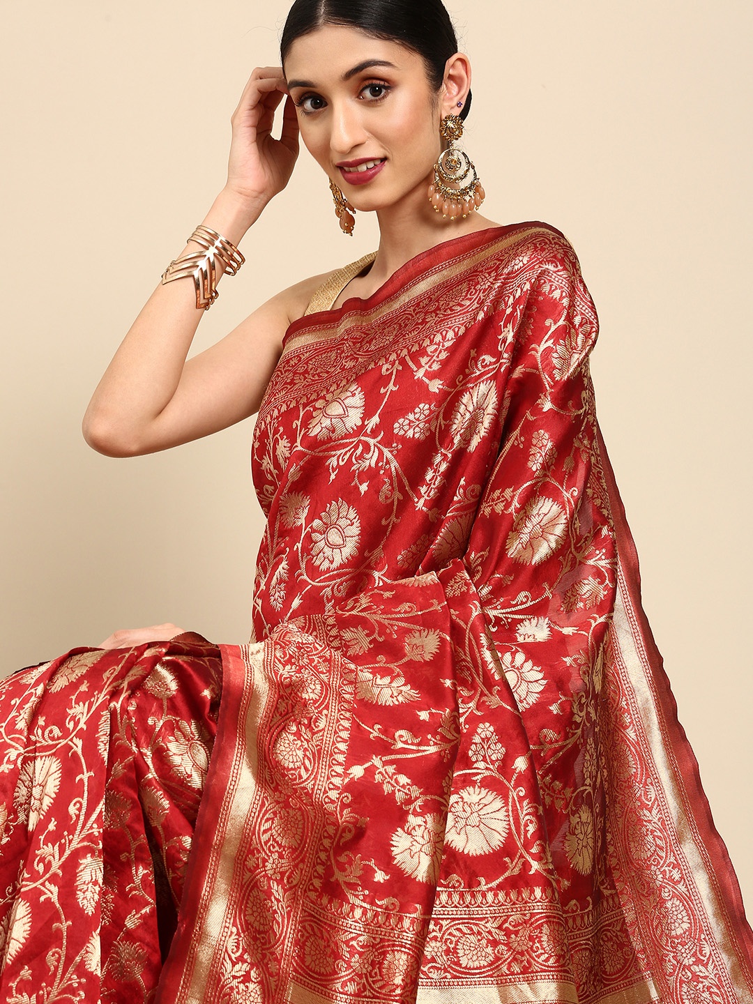 

Anouk Maroon Woven Design Zari Silk Blend Banarasi Saree