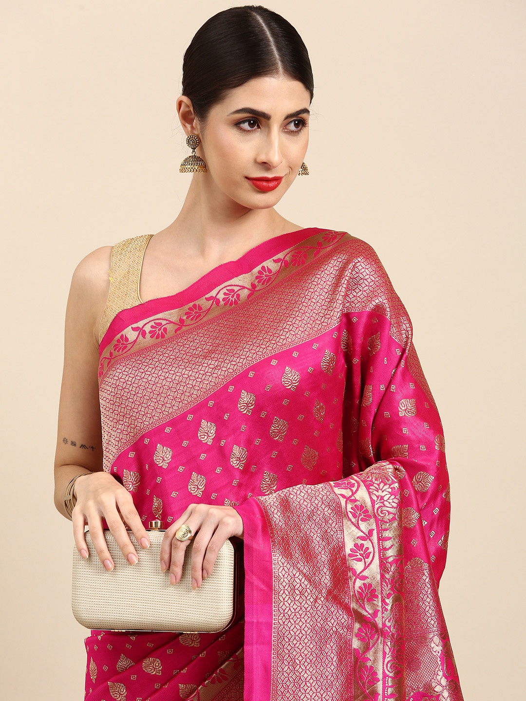 

Anouk Fuchsia Woven Design Zari Silk Blend Banarasi Saree