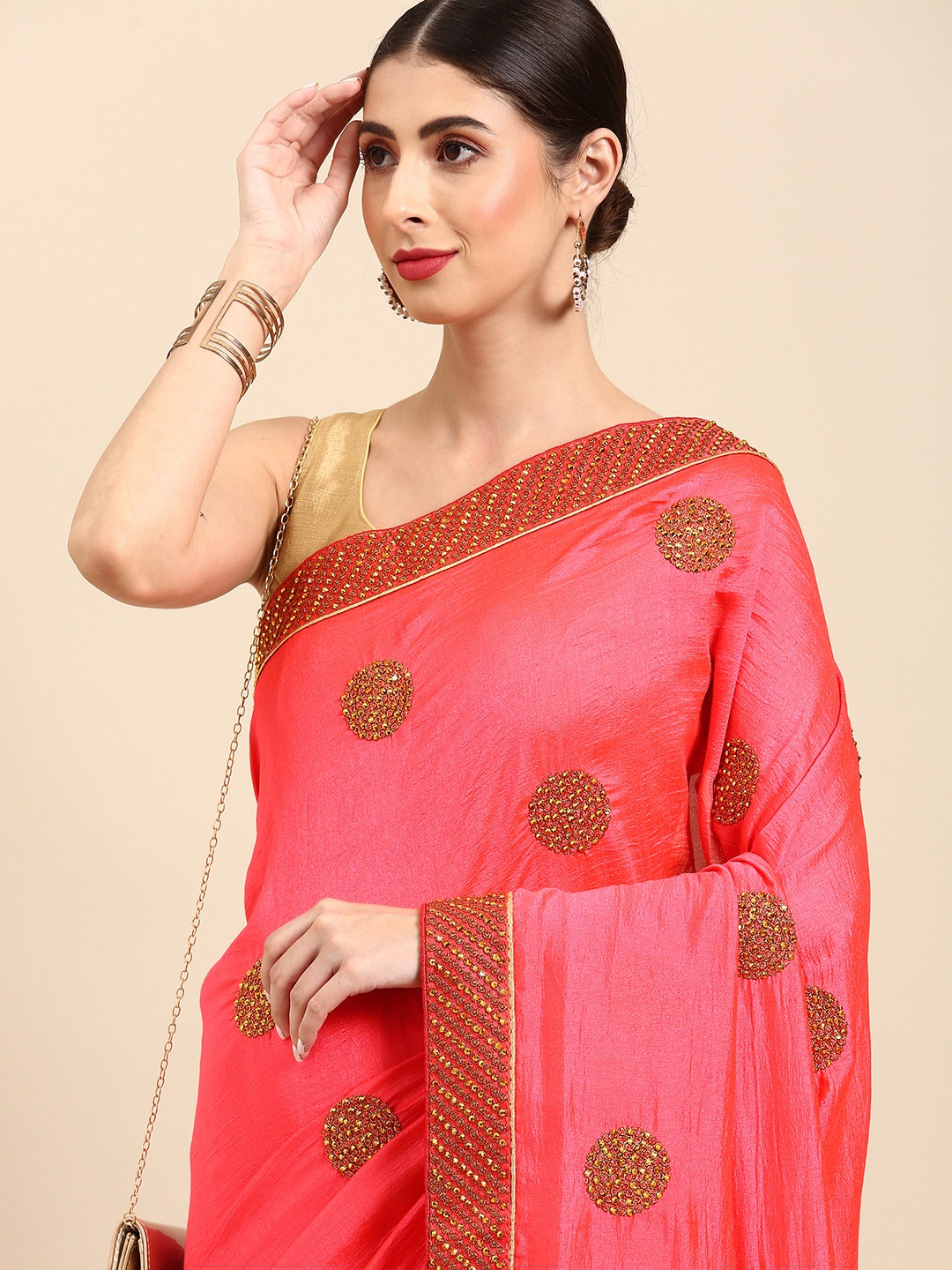 

Anouk Coral Pink & Golden Beads and Stones Pure Silk Baluchari Saree