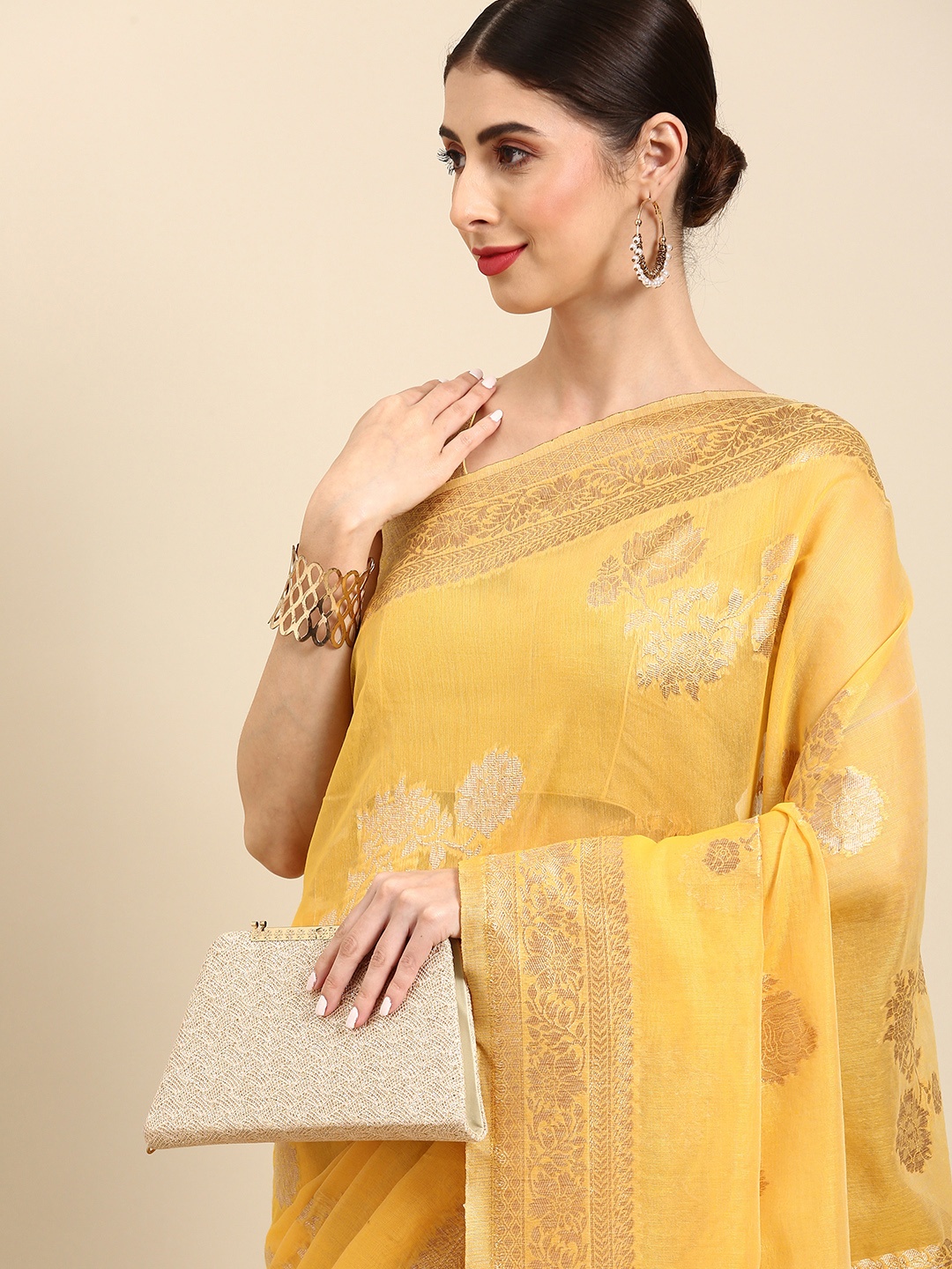 

Anouk Yellow Woven Design Jaali Silk Blend Chanderi Saree